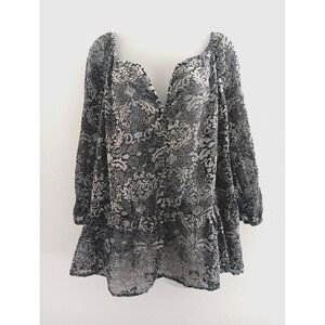 Velvet Burnout Tunic Top Womens XL Sheer Gray Black Floral Peplum Fairy Y2K Goth